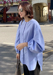 French Blue O-Neck Button Side Open Baumwollhemden Laternenärmel