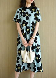 French Blue PeterPan Collar Button Summer Print Short Sleeve Dress - SooLinen