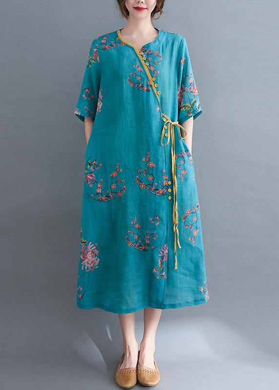 French Blue Print tie waist Mid Summer Cotton Dress - SooLinen