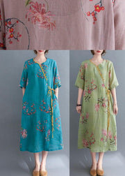 French Blue Print tie waist Mid Summer Cotton Dress - SooLinen