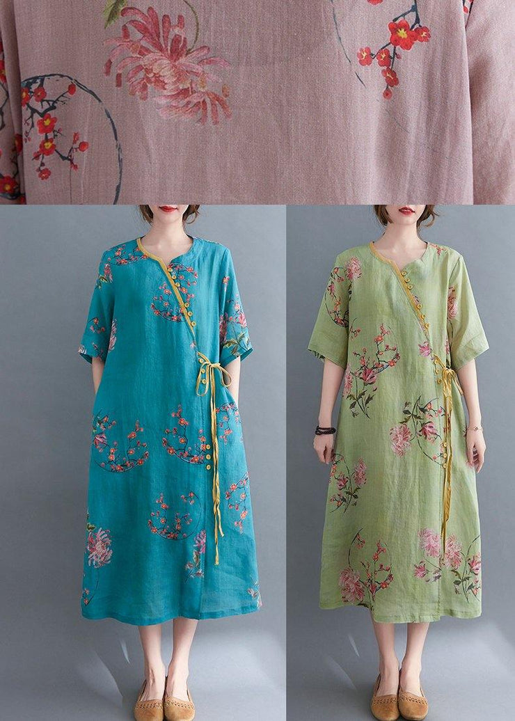 French Blue Print tie waist Mid Summer Cotton Dress - SooLinen