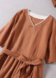 French Caramel V Neck Patchwork Linen Party Dress Short Sleeve