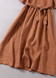 French Caramel V Neck Patchwork Linen Party Dress Short Sleeve