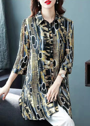French Colorblock Button Peter Pan Collar Button Long Chiffon Top Half Sleeve