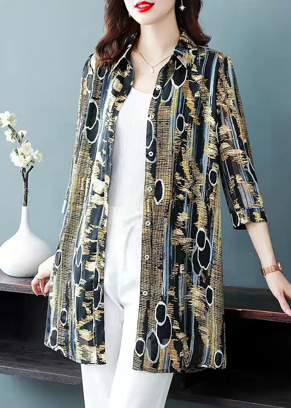 French Colorblock Button Peter Pan Collar Button Long Chiffon Top Half Sleeve