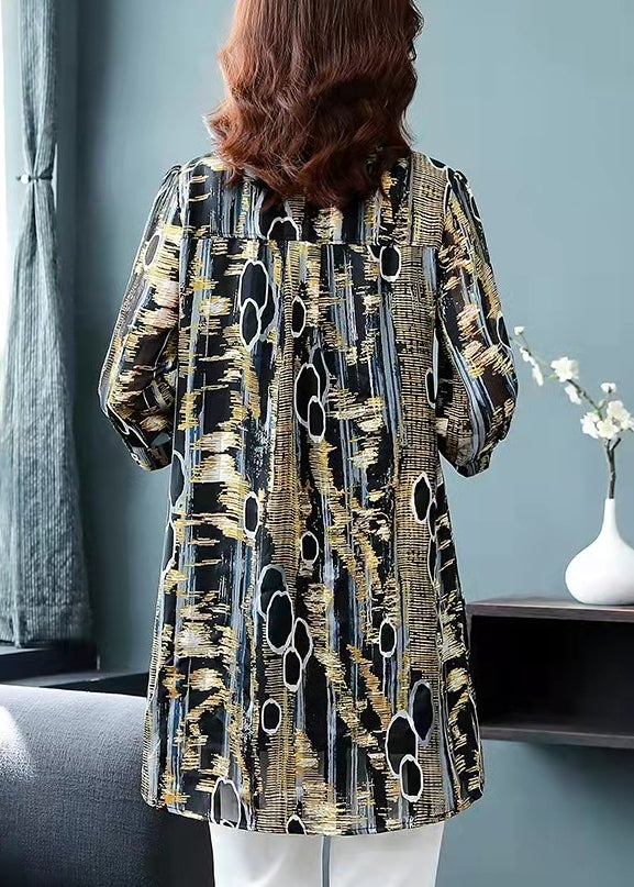 French Colorblock Button Peter Pan Collar Button Long Chiffon Top Half Sleeve