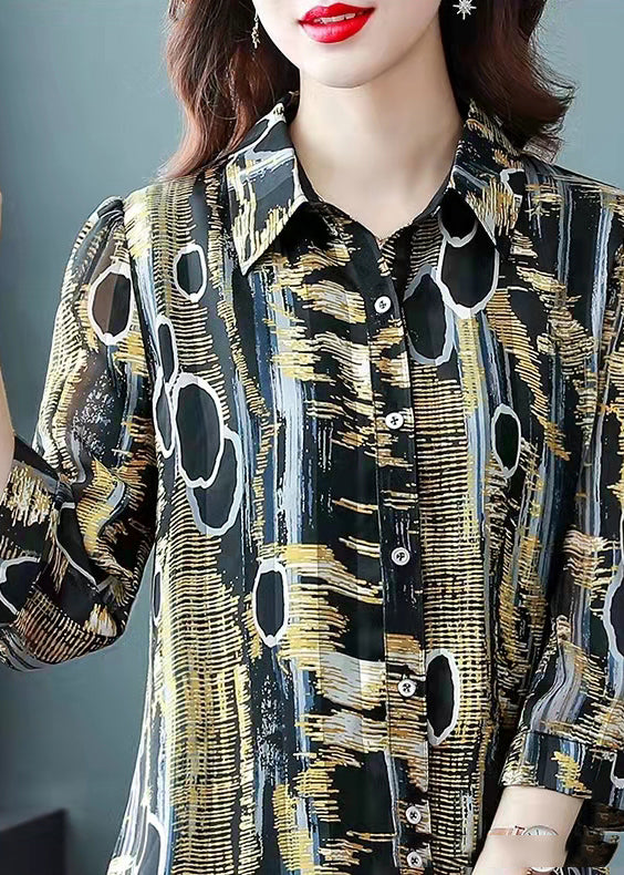 French Colorblock Button Peter Pan Collar Button Long Chiffon Top Half Sleeve