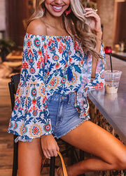 French Colorblock Cold Shoulder Print Sexy Tops Flare Sleeve