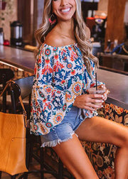 French Colorblock Cold Shoulder Print Sexy Tops Flare Sleeve