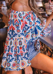 French Colorblock Cold Shoulder Print Sexy Tops Flare Sleeve