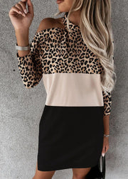 French Colorblock Stand Collar Off The Shoulder Patchwork Leopard Print Mid Dress Long Sleeve