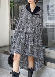 French Colorblock low high design V Neck print Patchwork Silk Mid Dress Spring