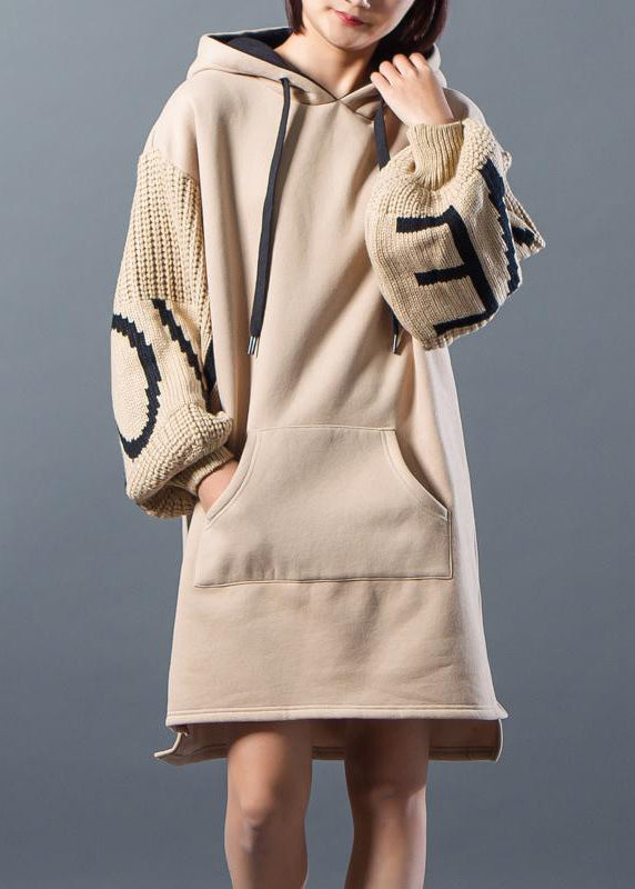French Cotton tunic dressSweets Hoodies Drawstring Spliced Split Winter Dress