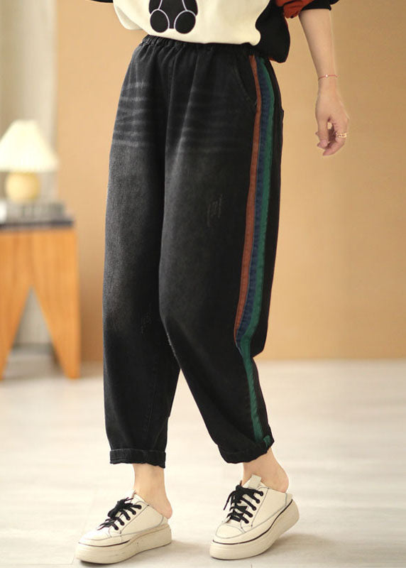 Französische dunkelgraue elastische Taillentaschen Harem Patchwork Herbsthose Baumwolle