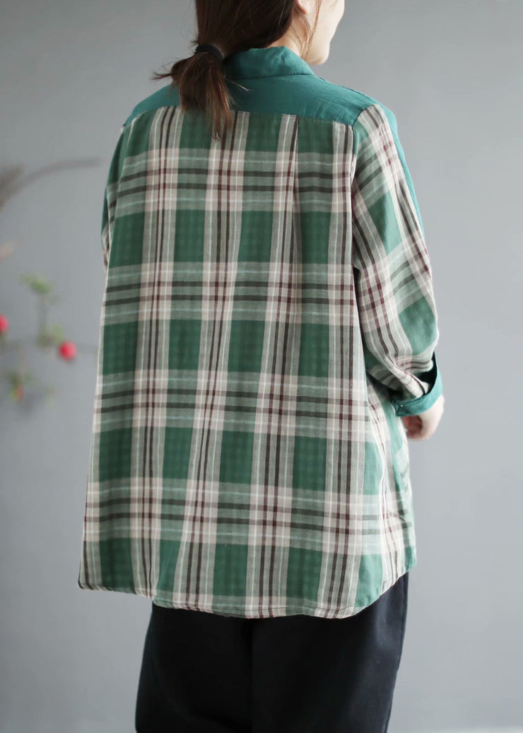 French Green Plaid Patchwork PeterPan-Kragen Taschen Herbst Langarmshirts
