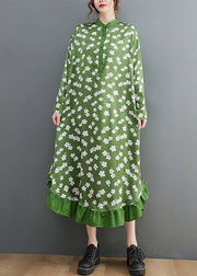 French Green Stand Collar button print Shirt Dress Long Sleeve