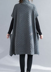 French Grey Asymmetrical Pockets Cotton Dresses Short Sleeve