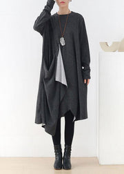 French Grey O-Neck Patchwork Fall Dress Long Sleeve - SooLinen