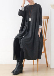 French Grey O-Neck Patchwork Fall Dress Long Sleeve - SooLinen