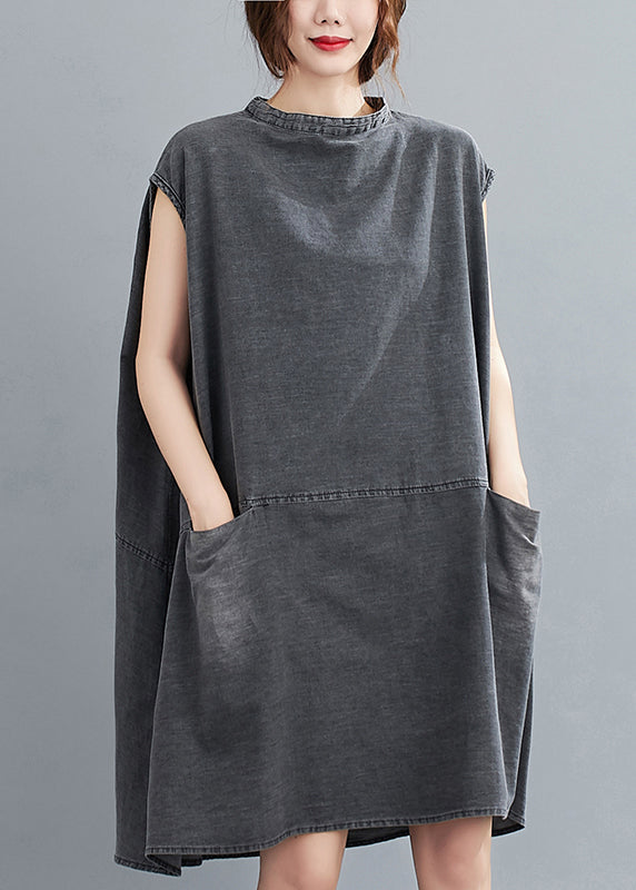 French Grey Stehkragentaschen Baumwoll-Denim-Kleid ärmellos