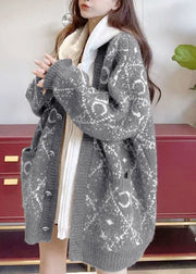 Französischer grauer Jacquard-Winterstrickmantel mit Reißverschluss