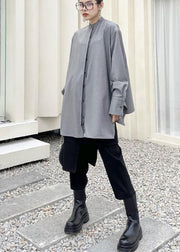 French Grey asymmetrical design  Long sleeve Spring Blouses - SooLinen