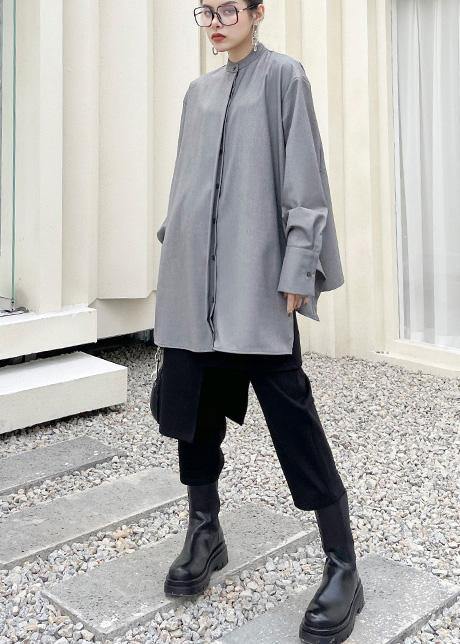 French Grey asymmetrical design  Long sleeve Spring Blouses - SooLinen
