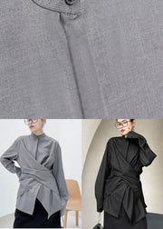 French Grey asymmetrical design  Long sleeve Spring Blouses - SooLinen