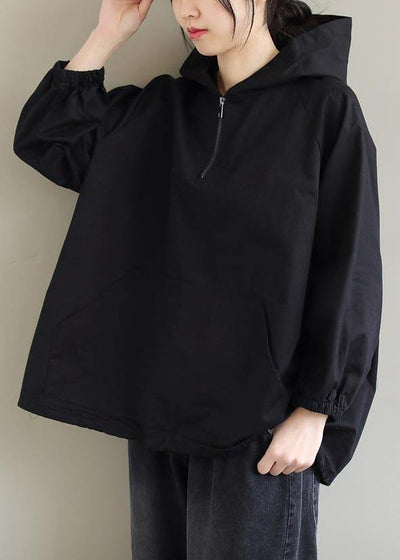 French Hooded Zip Up Spring Clothes Fashion Ideas Black Top - SooLinen