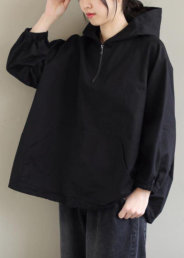 French Hooded Zip Up Spring Clothes Fashion Ideas Black Top - SooLinen