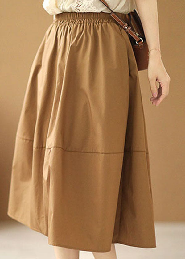French Khaki Elastic Waist Pockets Patchwork Cotton A Line Skirts Summer