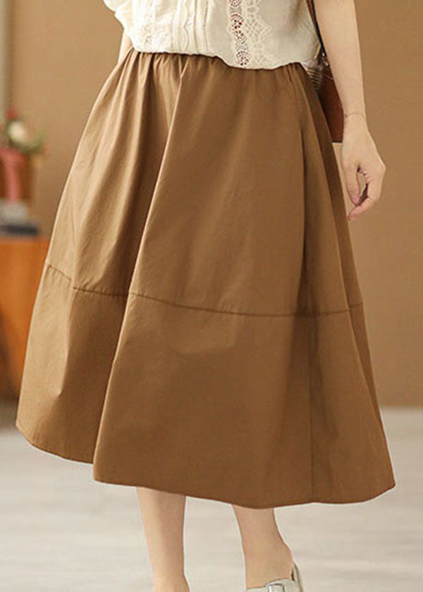 French Khaki Elastic Waist Pockets Patchwork Cotton A Line Skirts Summer