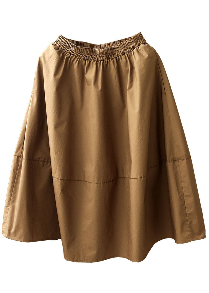 French Khaki Elastic Waist Pockets Patchwork Cotton A Line Skirts Summer