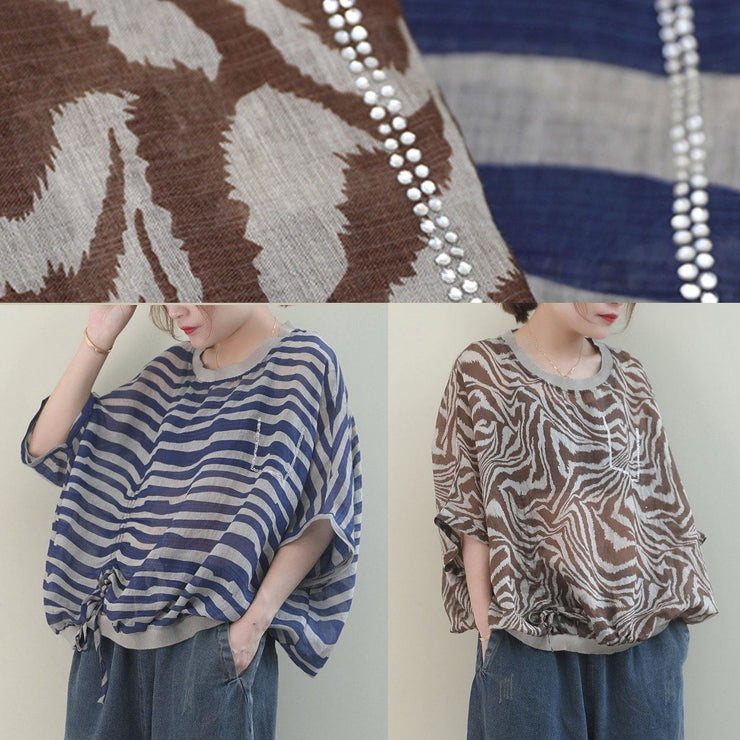 French Leopard linen tunic top o neck Batwing Sleeve box shirt - SooLinen