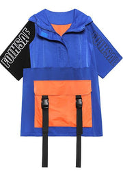 French Navy Spring hooded Patchwork Tops Half Sleeve - SooLinen