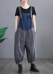 French Navy Gestreifte Tasche Patchwork Denim Overalls Jumpsuit Spring