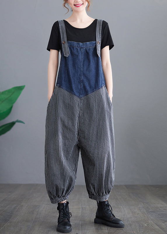 French Navy Gestreifte Tasche Patchwork Denim Overalls Jumpsuit Spring