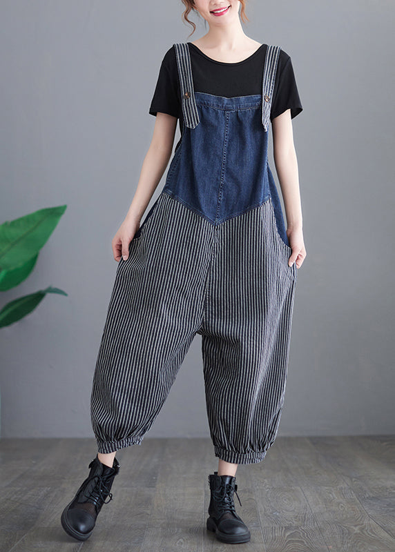 French Navy Gestreifte Tasche Patchwork Denim Overalls Jumpsuit Spring
