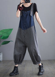 French Navy Gestreifte Tasche Patchwork Denim Overalls Jumpsuit Spring