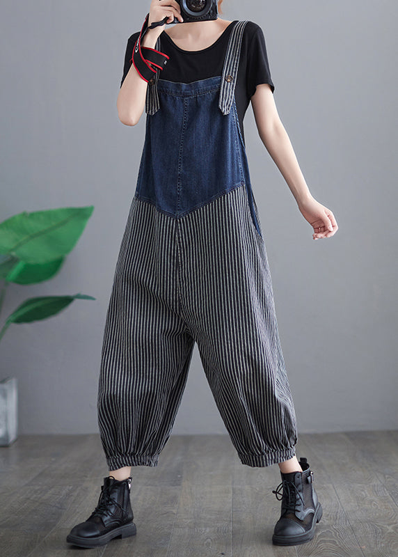 French Navy Gestreifte Tasche Patchwork Denim Overalls Jumpsuit Spring
