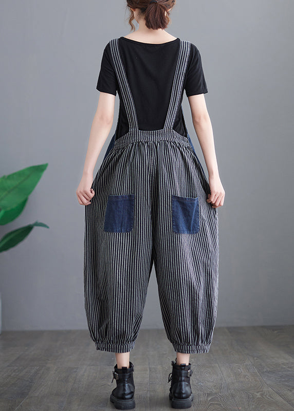 French Navy Gestreifte Tasche Patchwork Denim Overalls Jumpsuit Spring