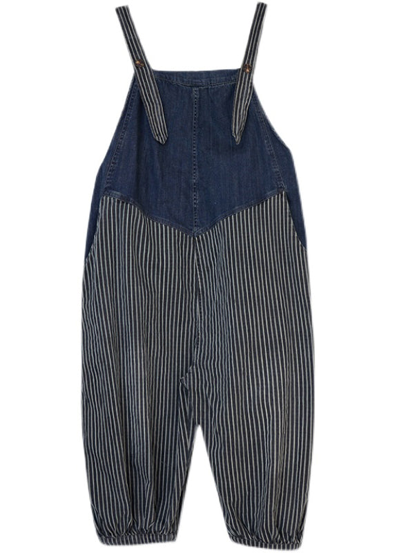 French Navy Gestreifte Tasche Patchwork Denim Overalls Jumpsuit Spring