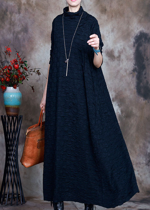 French Navy Turtleneck Circle asymmetrical design  Fall Long sleeve Long Dresses