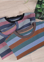 French O-Neck Spring Shirts Pattern Gray Striped Tops - SooLinen