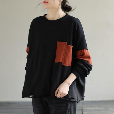 French Patchwork cotton Spring Long Shirts Work Outfits Black blouses - SooLinen
