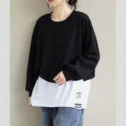 French Patchwork cotton SpringBlouse Neckline Black Shirts - SooLinen
