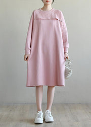 French Pink Patchwork Cotton Long sleeve Spring Vacation Dresses - SooLinen
