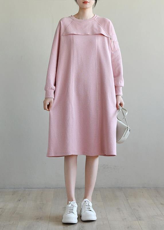 French Pink Patchwork Cotton Long sleeve Spring Vacation Dresses - SooLinen