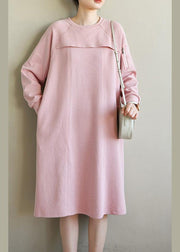 French Pink Patchwork Cotton Long sleeve Spring Vacation Dresses - SooLinen