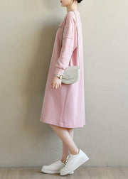 French Pink Patchwork Cotton Long sleeve Spring Vacation Dresses - SooLinen